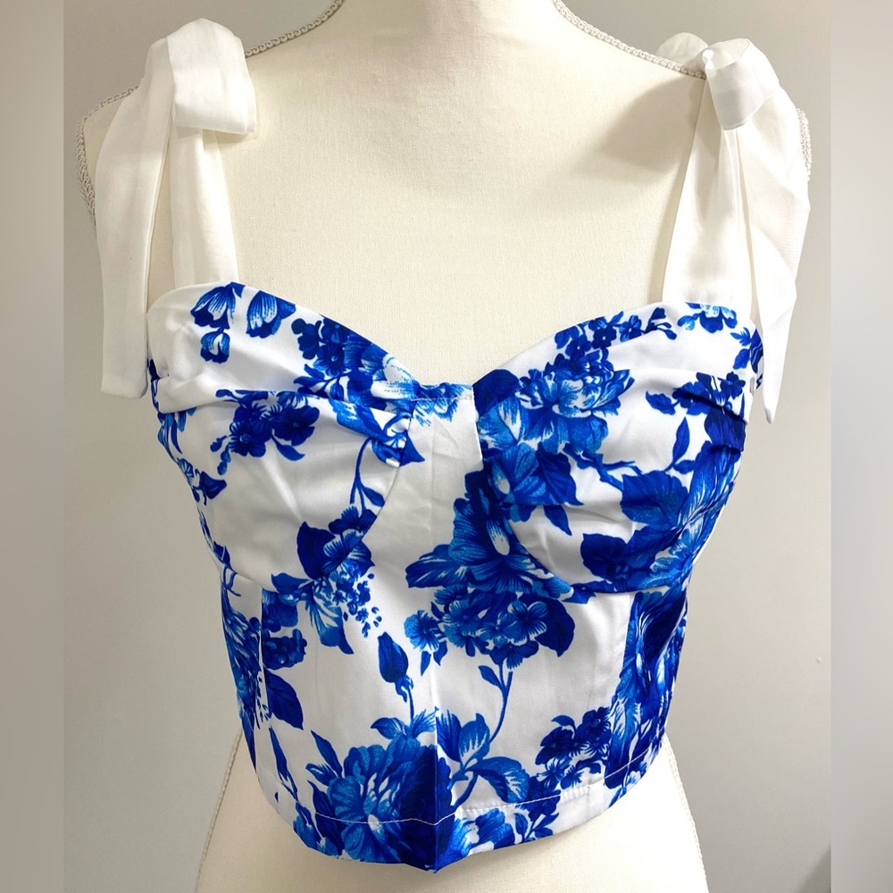 Joress Womens M Blue White Floral Corset Crop Top Boho Y2K Fairy Cottagecore - Picture 14 of 14